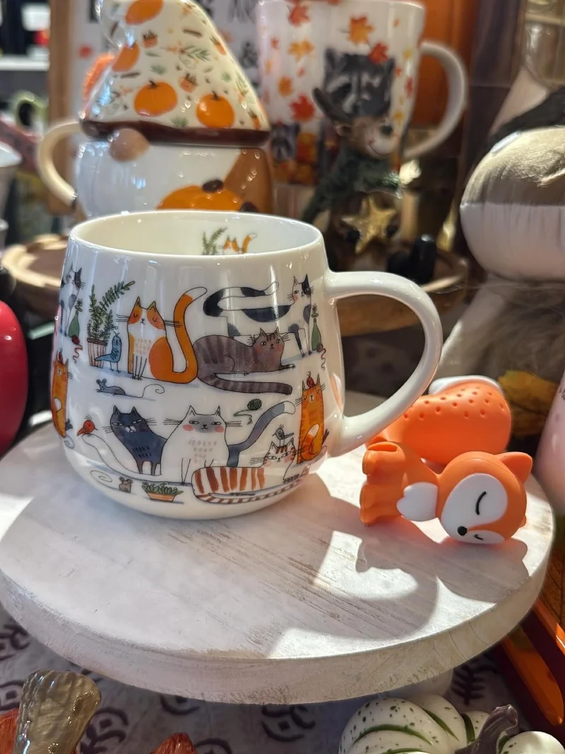 Illustrated Cat Ceramic Mug with Sleeping Fox Tea Infuser