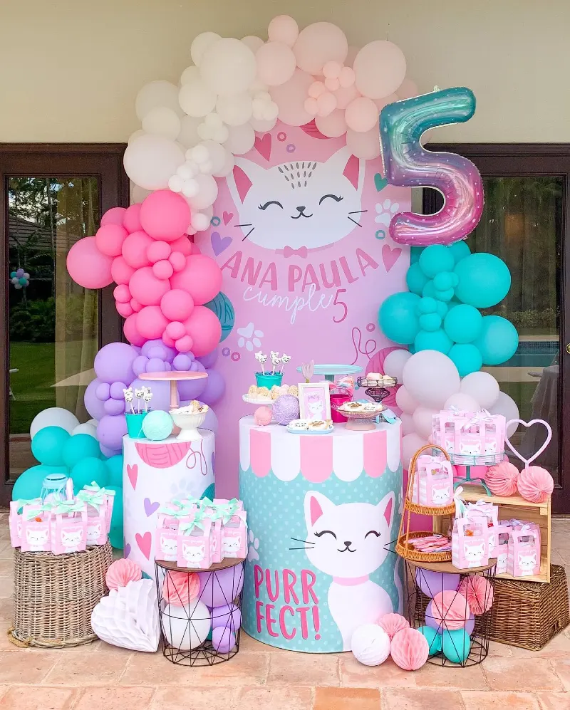 Illustrated Pastel Cat Backdrop with Multi-Color Balloon Arch and Graphic Pedestal Cylinders