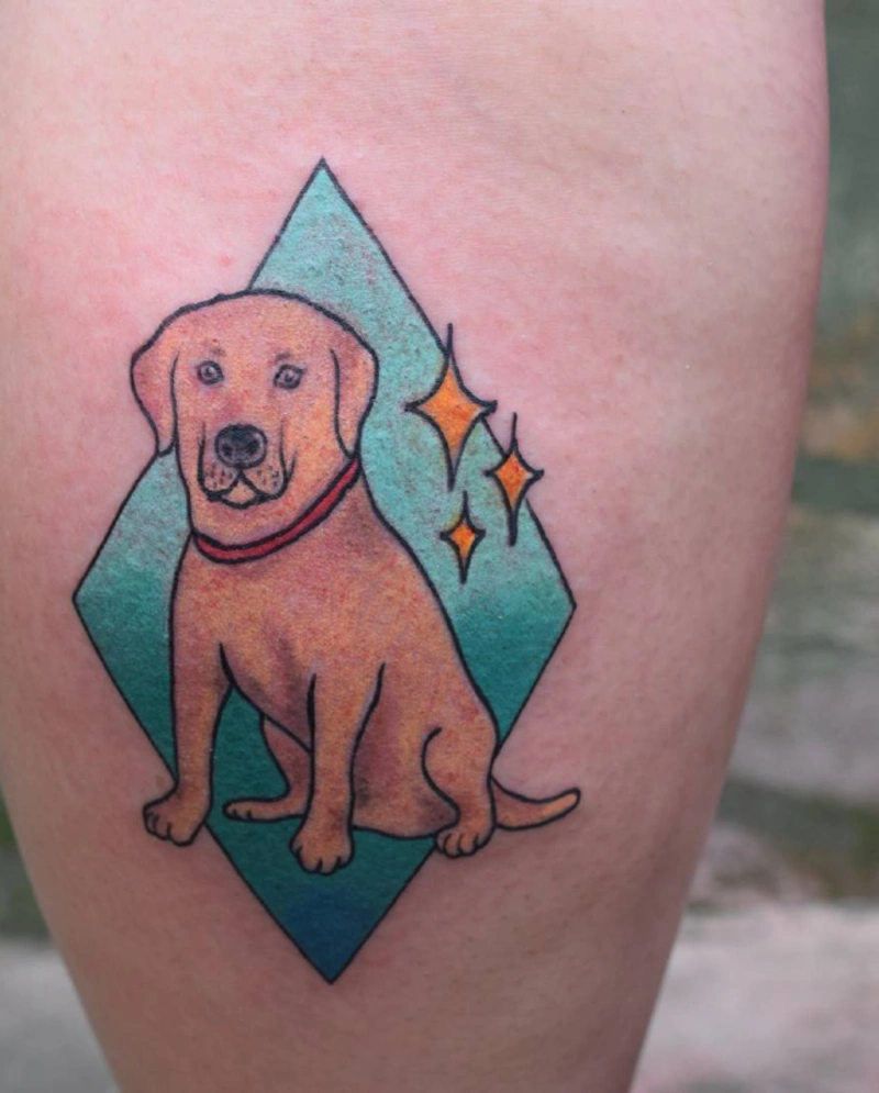 Illustrative Golden Labrador Tattoo Framed by a Teal Diamond with Sparkles