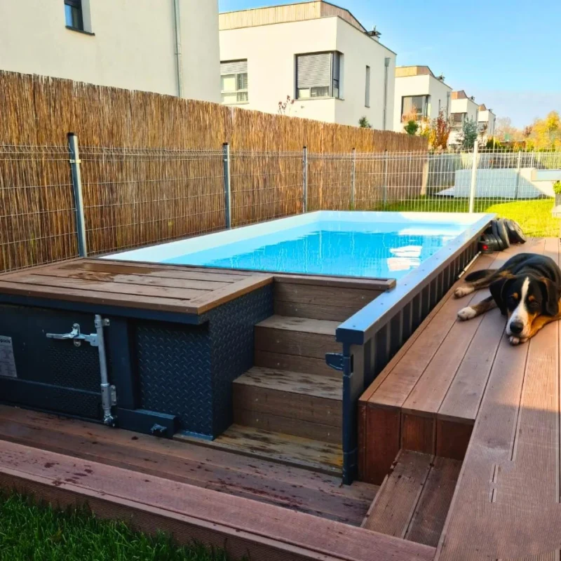 Industrial Container Pool with Integrated Wooden Decking and Steps