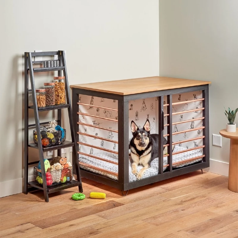 Industrial Copper-Bar Crate with Dog-Patterned Wallpaper Accent