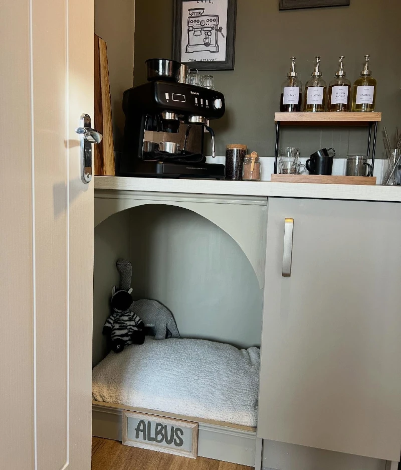 Integrated Kitchen Cabinet Arched Nook with Fleece Bed and Coffee Station Above