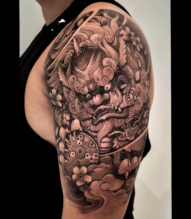 Japanese Style Half-Sleeve Foo Dog with Cherry Blossoms
