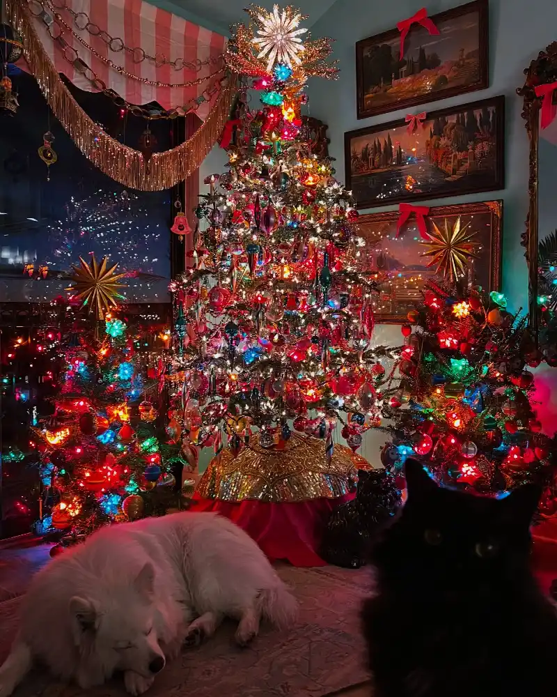 Kitsch Maximalist Christmas Forest with Multi-Color Lights and Shiny Metallic Skirt