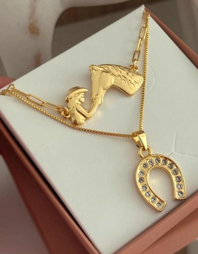 Layered Gold Necklace with Horse Silhouette and Rhinestone Horseshoe