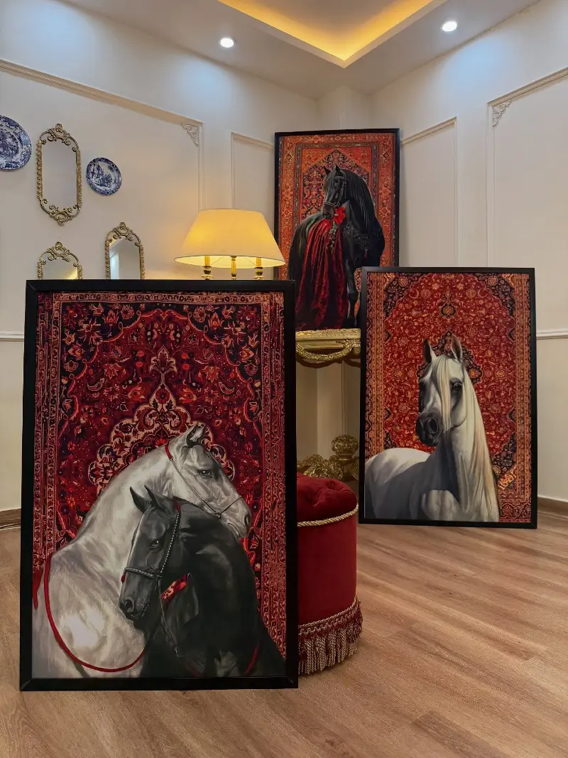 Layered Persian Carpet Backed Portraits with Black Frames in a Maximalist Corner