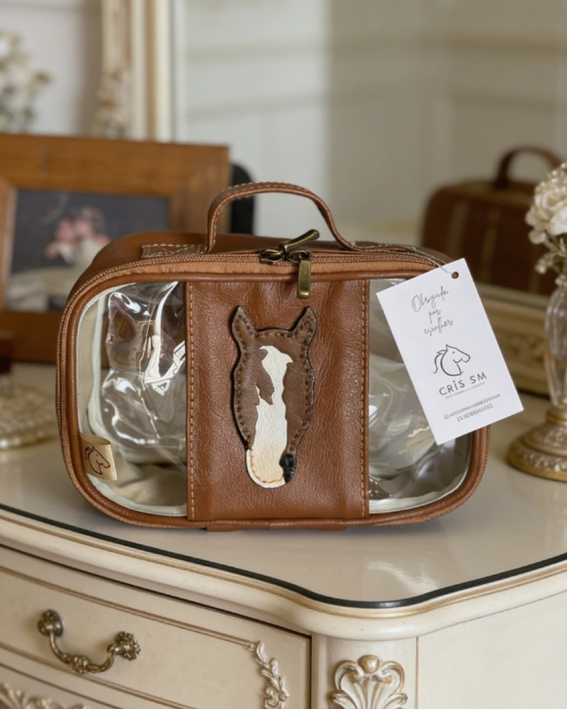 Leather Toiletry Bag with Stitched Horse Motif