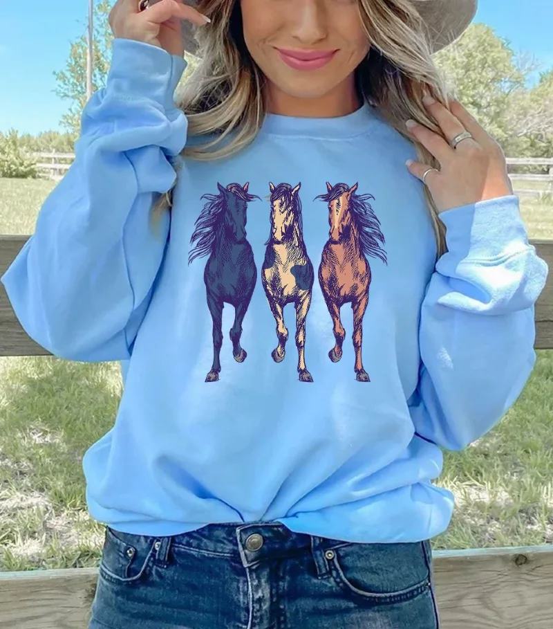 Light Blue Pullover with Galloping Horses Graphic