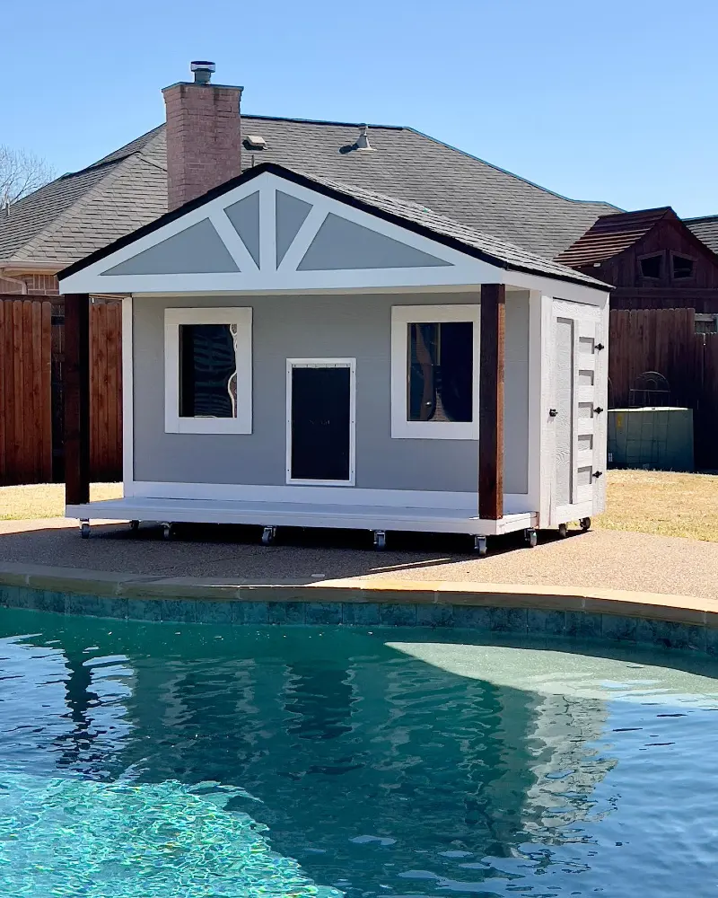 Light Gray Poolside Mansion with White Trim and Heavy Industrial Casters
