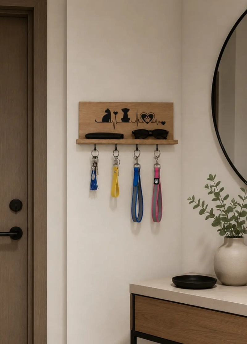 Light Oak Wall Shelf with Heartbeat Lifeline Silhouette and Lower Key Hooks