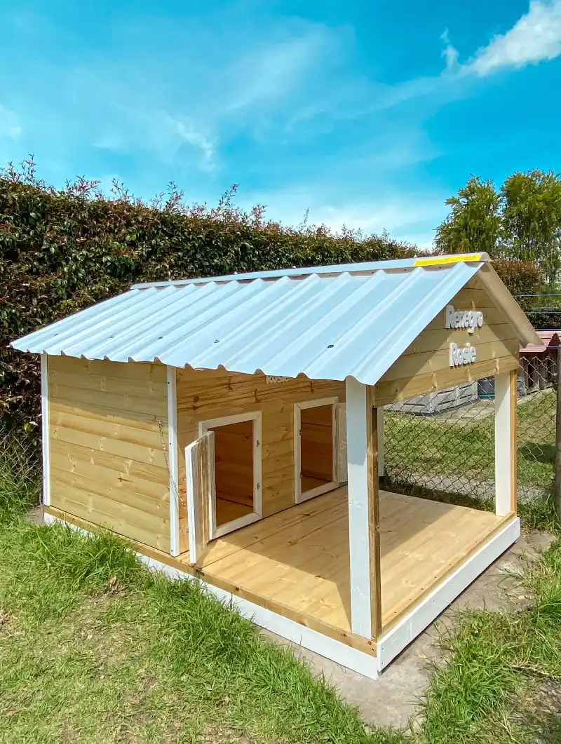 Light Pine Twin-Door Mansion with White Corrugated Roof and Open Patio