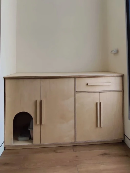 Light Plywood Built In Niche Cabinet