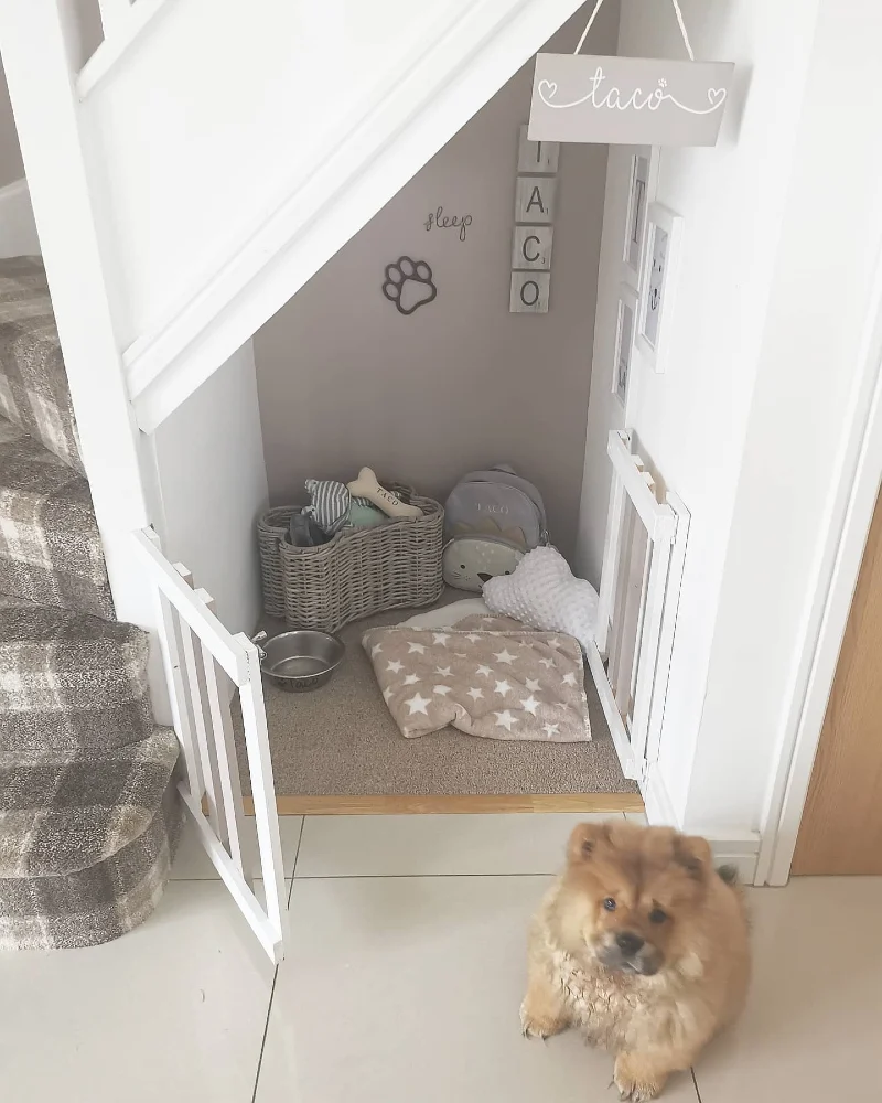 Low White Picket Gate with Taupe Accent Wall and Woven Bone Toy Basket