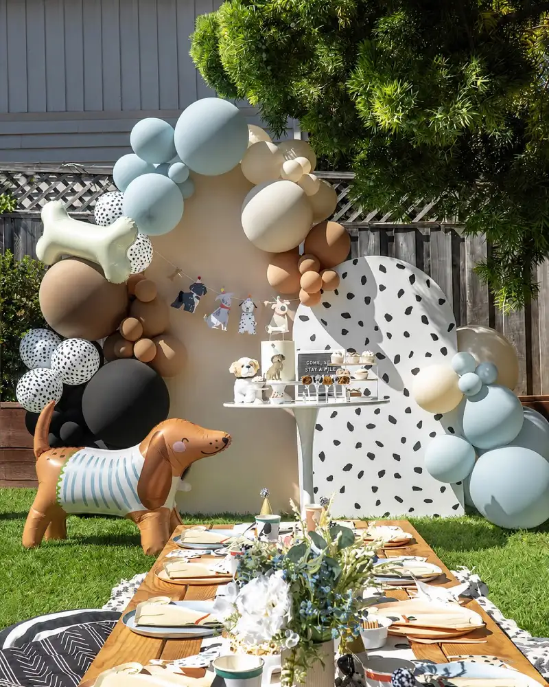 Low Wooden Picnic Table with Dalmatian Arch Panel and Standing Hound Foil Balloon