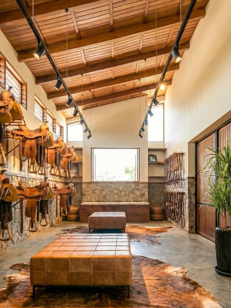 Luxury Tack Room with Leather Ottomans and Cowhide Rugs
