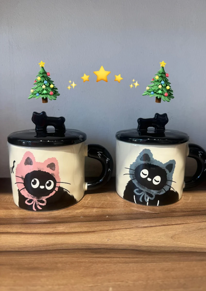 Matching Black Cat Mugs with Bonnet Art and Cat-Shaped Lid Handles