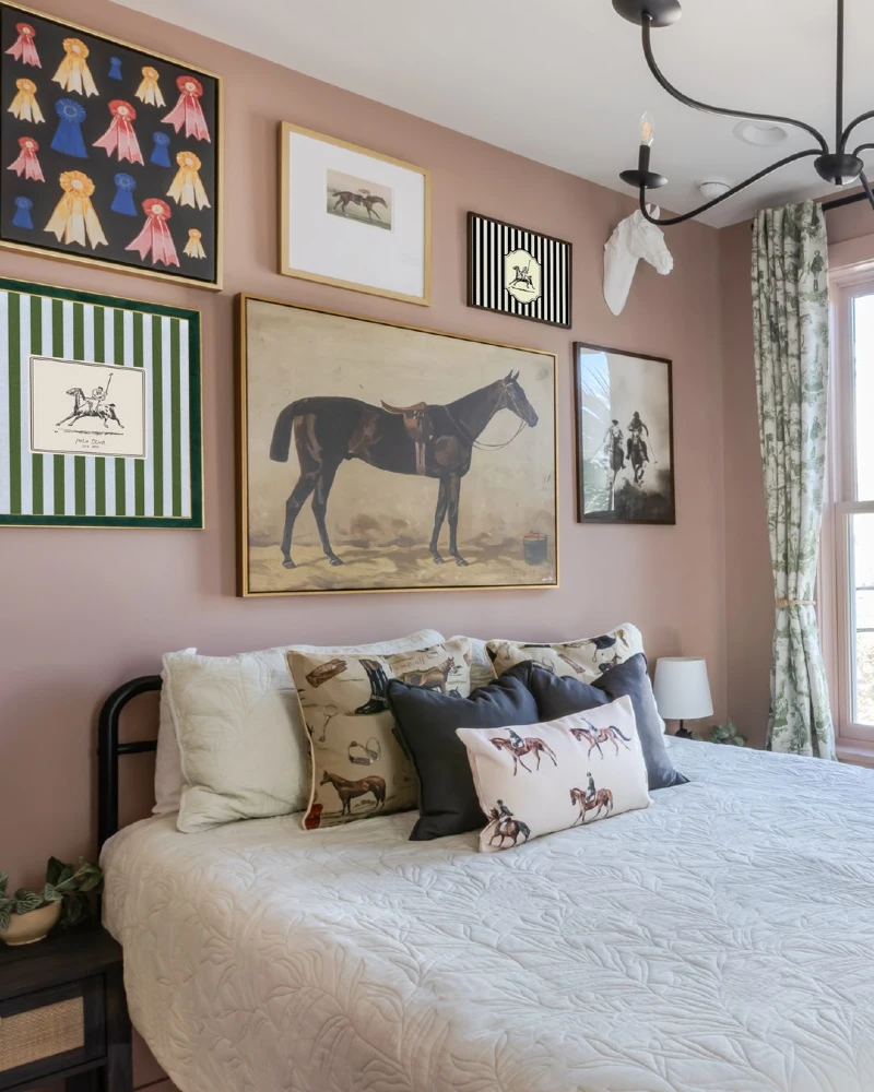 Mauve Gallery Wall with Black Iron Bed and Equestrian Ribbon