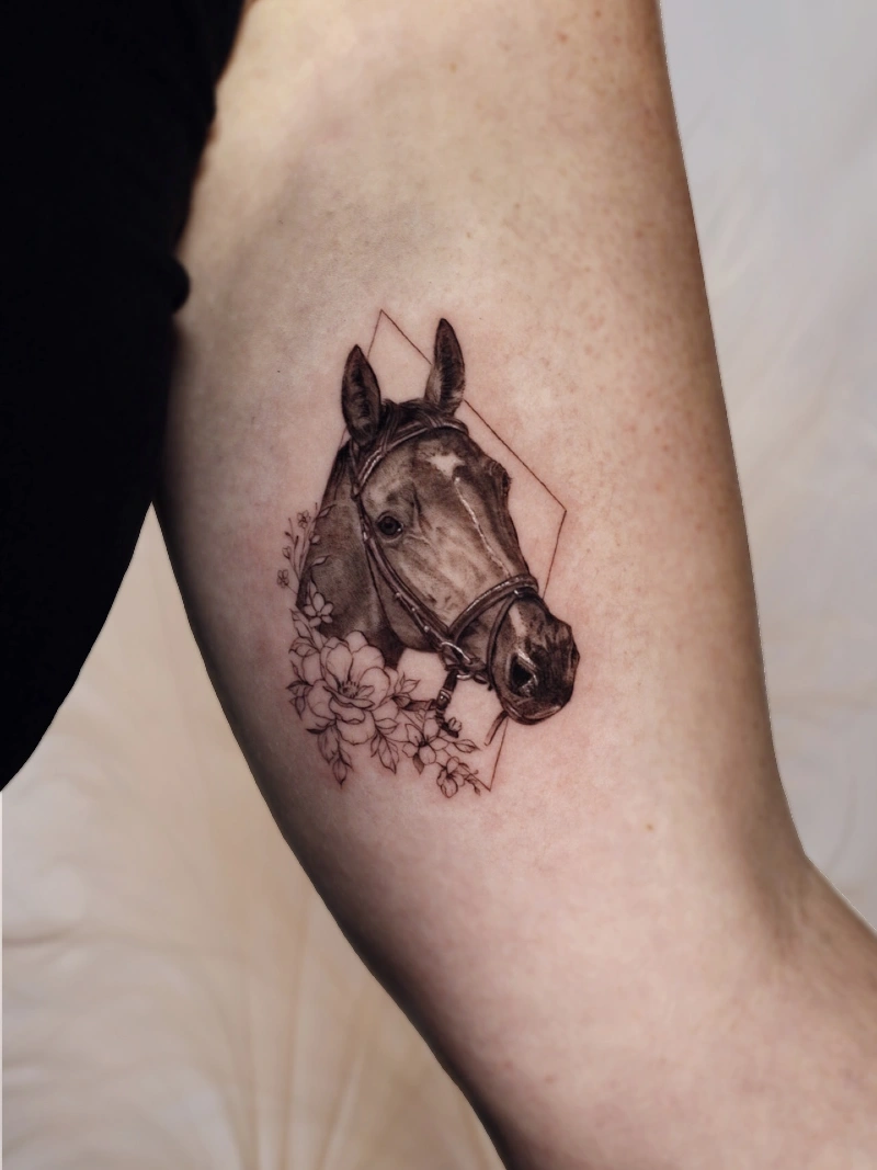 Micro-Realism Bridled Horse Portrait with Fine Geometric Diamond and Florals