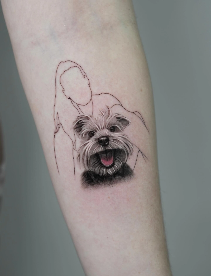 Micro-Realism Schnauzer Portrait Layered Over a Minimalist Faceless Owner Outline