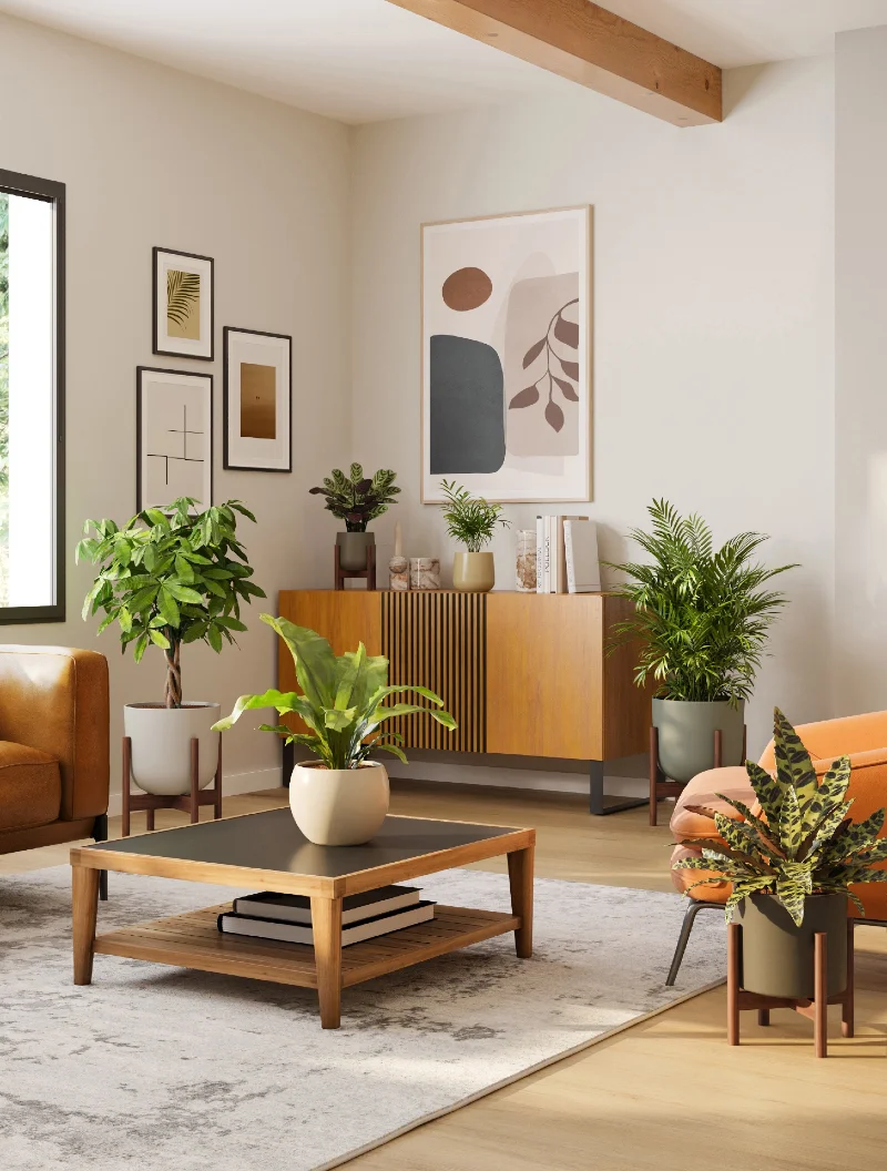 Mid-Century Modern Living Room Filled with Elevated Pet-Safe Plants on Wooden Stands