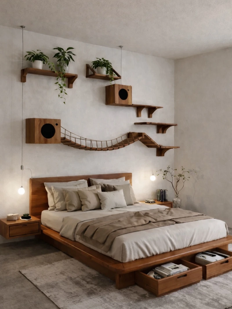 Mid-Century Walnut Bedroom Walkway with Floating Steps and Hanging Pendants