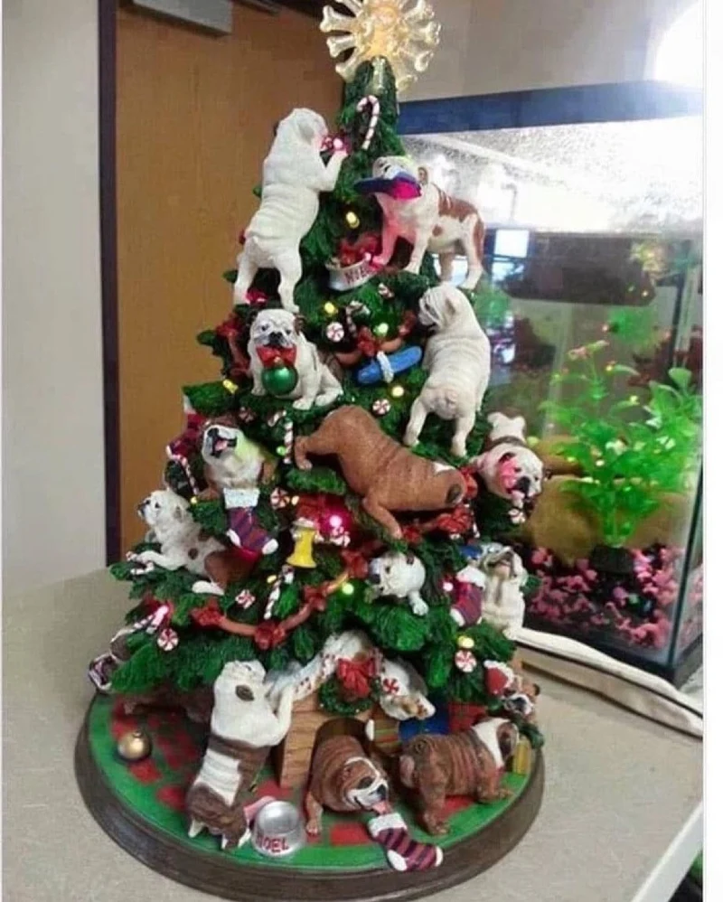 Miniature Tabletop Christmas Tree Filled with Bulldog Figurines