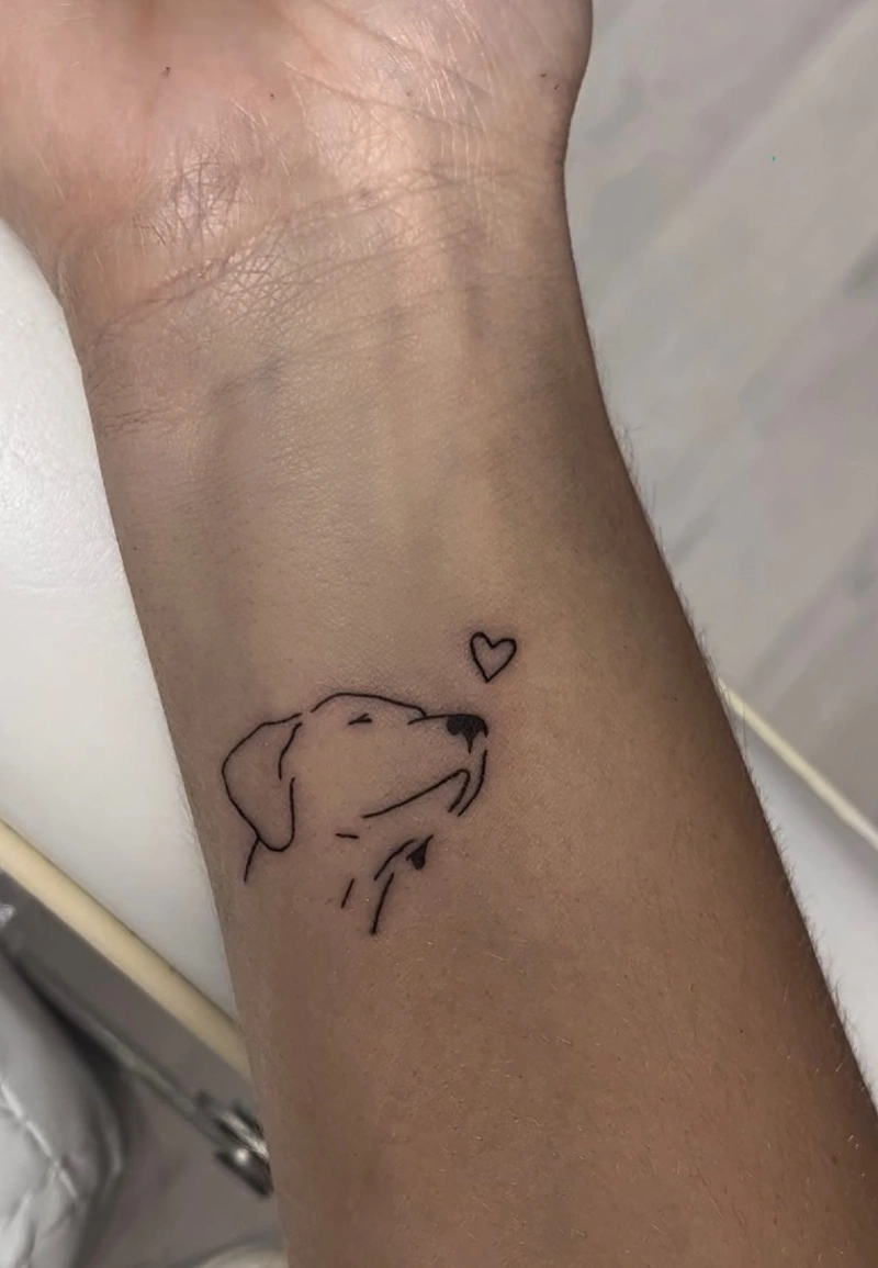 Minimalist Fine Line Labrador Profile with Floating Heart on Inner Wrist