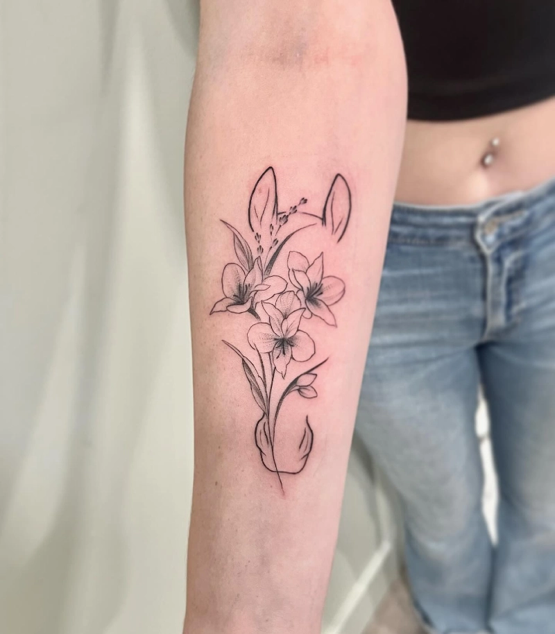 Minimalist Line-Art Horse Silhouette Hidden Behind Detailed Gladiolus Stems