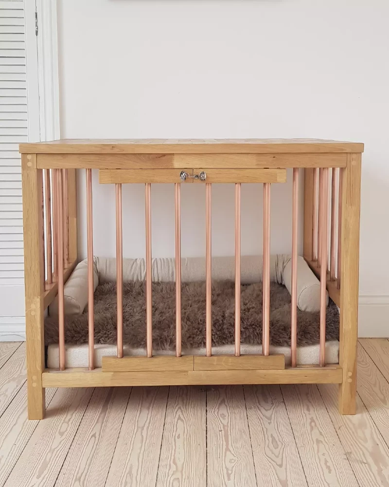 Minimalist Oak Crate with Rose Gold Spindles and Plush Faux Fur Layering