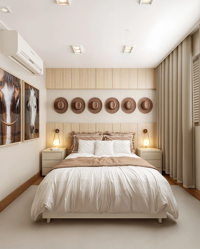 Minimalist Wood Accents with Symmetrical Cowboy Hat Display