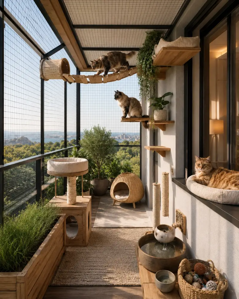 Modern Balcony Enclosure with Suspended Wooden Bridge and Woven Rattan Accents