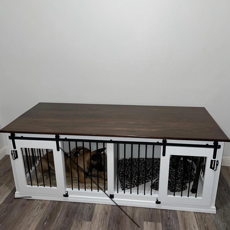 Modern Farmhouse Double Kennel with Espresso Countertop and Sliding Iron Gates