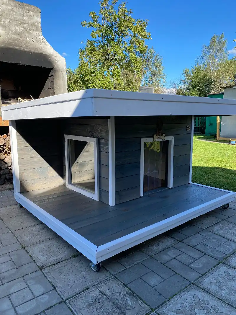 Modern Slate Gray Shelter with Wraparound Deck and Caster Base
