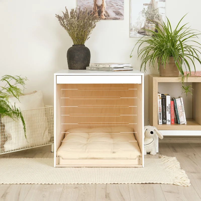 Modern White and Oak Side Table Crate with Clear Slat Door and Tufted Cream Cushion