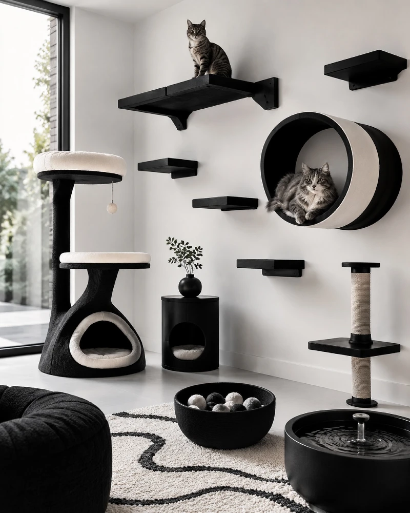 Monochromatic Black and White Feline Lounge Room with Sculptural Tree and Wall Wheel