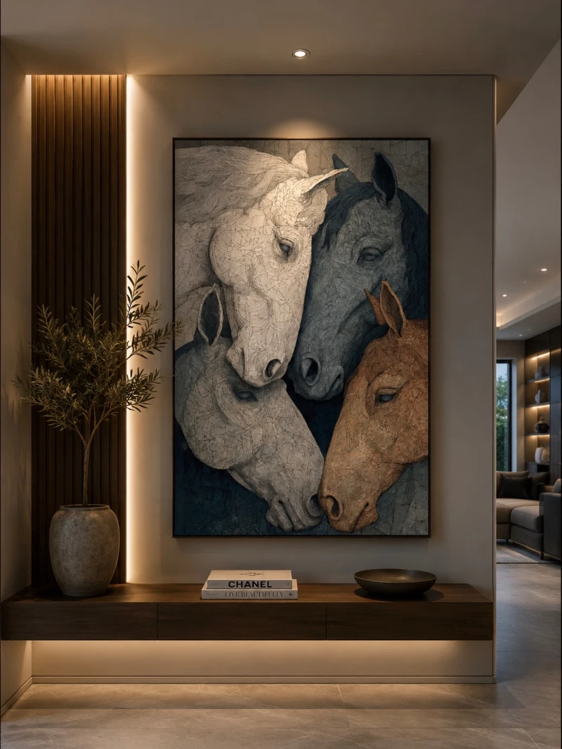 Mosaic-Textured Multi-Horse Canvas Above a Floating Console with Recessed LED Strips