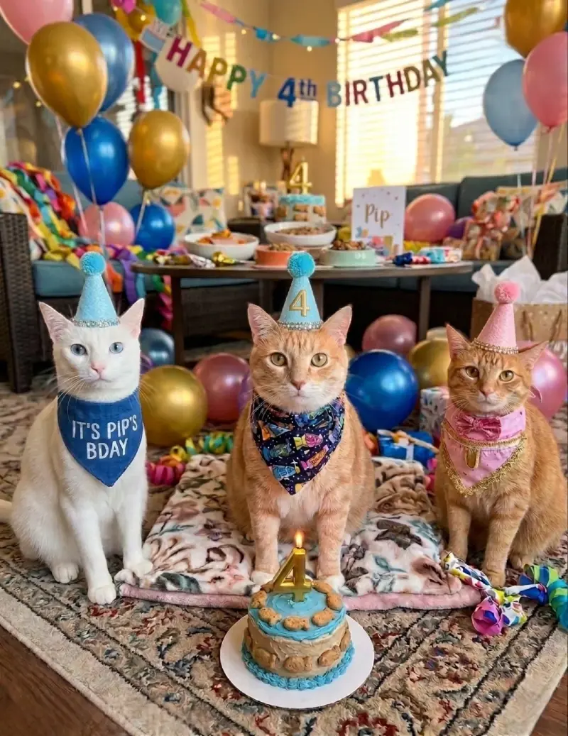 Multi-Cat Birthday Party with Blue Frosted Treat Cake and Scattered Living Room Balloons