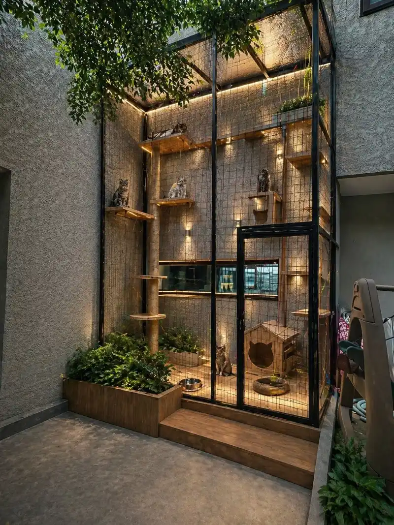 Multi-Level Courtyard Catio with Integrated LED Lighting and Built-In Wooden Planter