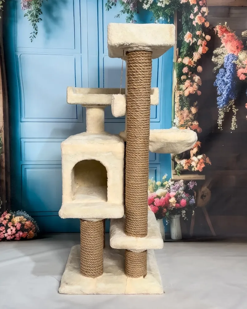 Multi-Tier Beige Plush Cat Tree with Thick Jute-Wrapped Columns and Condo Box