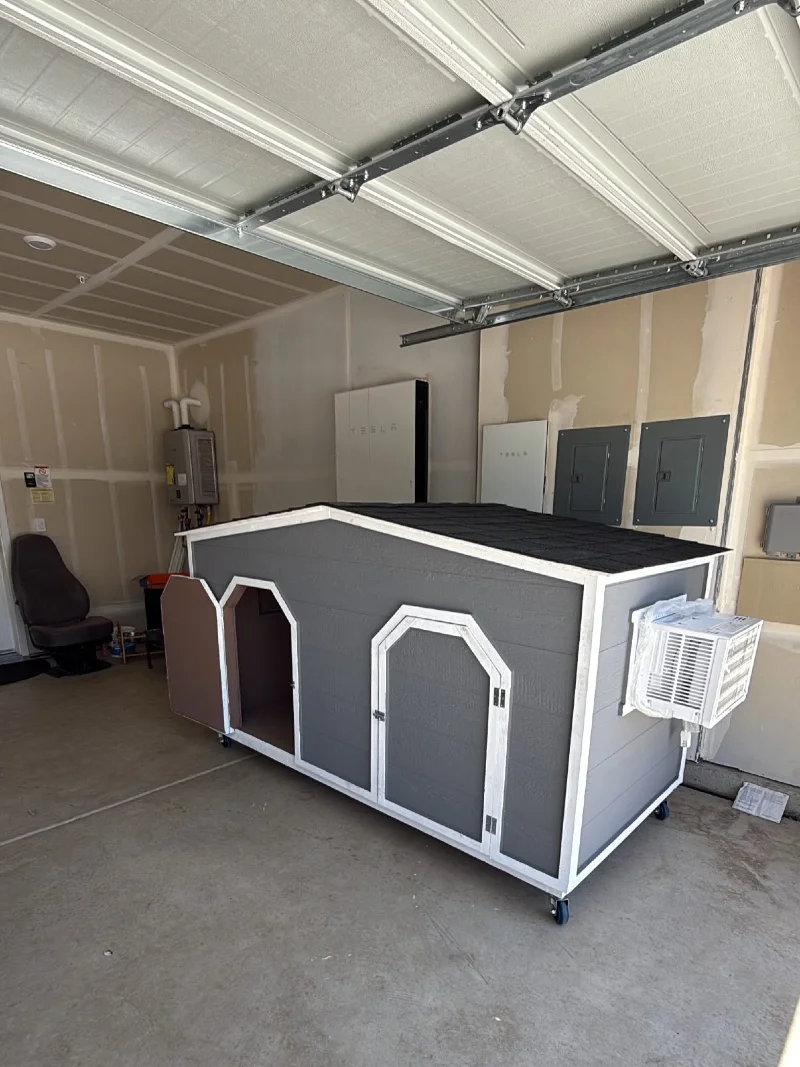 Muted Slate Double-Door Kennel with White Trim and Window AC Unit