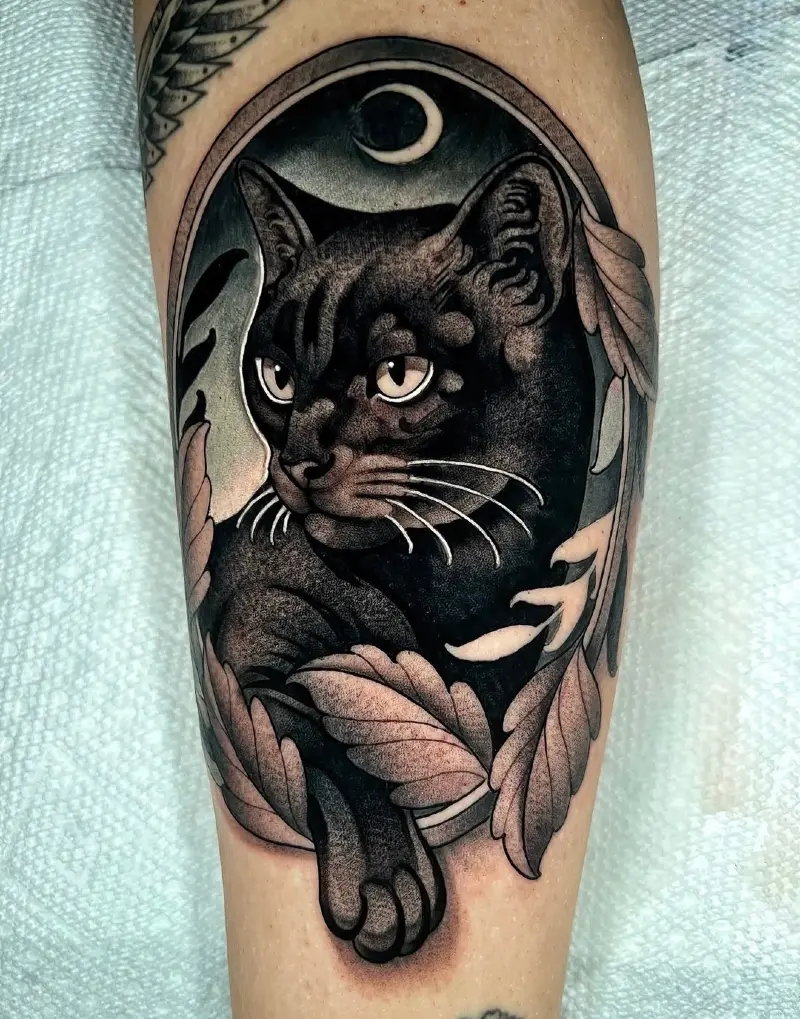 Mystical Moonlit Cat Portrait Wrapped in Autumn Leaves