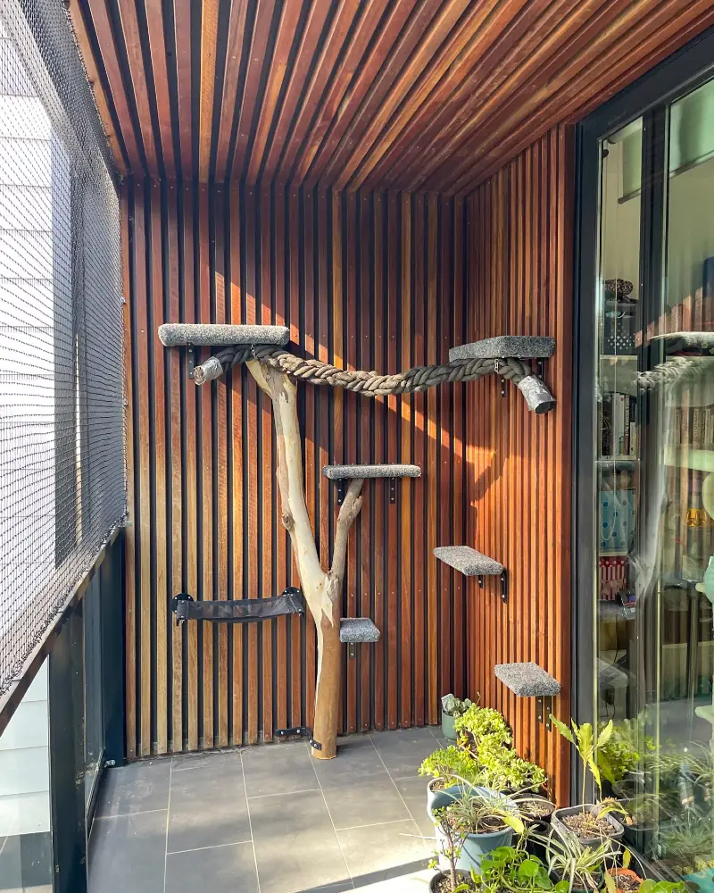 Natural Log Perch with Thick Marine Rope Bridge and Slate Tile Floor