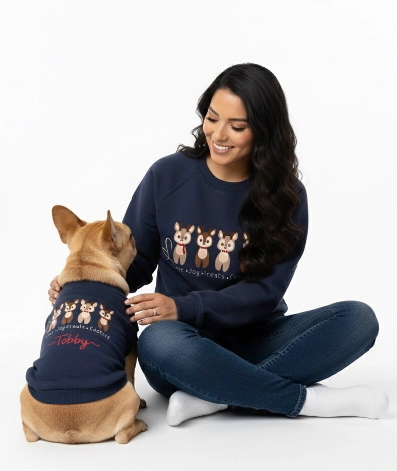 Navy Blue Reindeer Graphic Sweatshirts on a Woman and Her Fawn French Bulldog