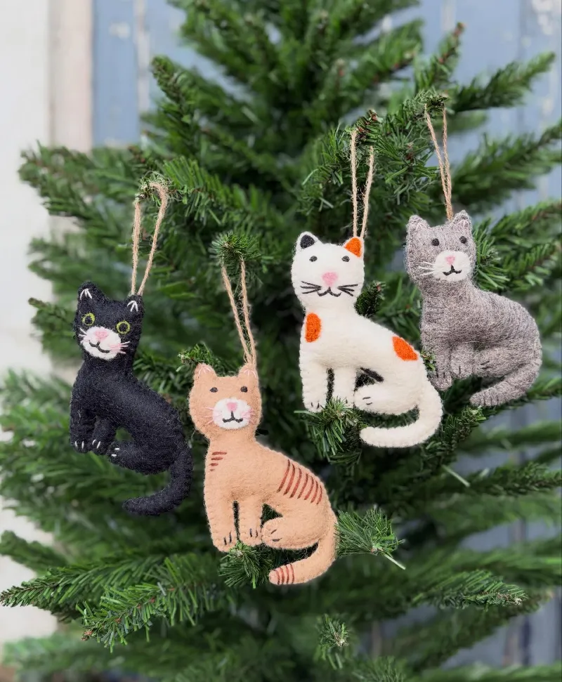Needle-Felted Wool Cat Ornaments Hanging on Christmas Pine
