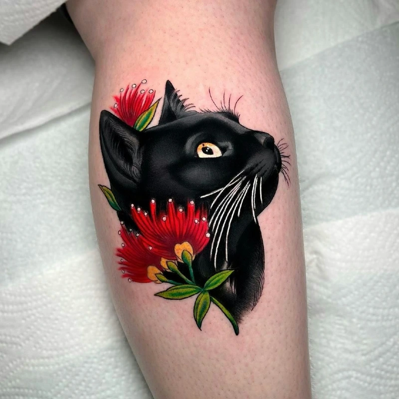 Neo-Traditional Black Cat Portrait with Crimson Floral Accents