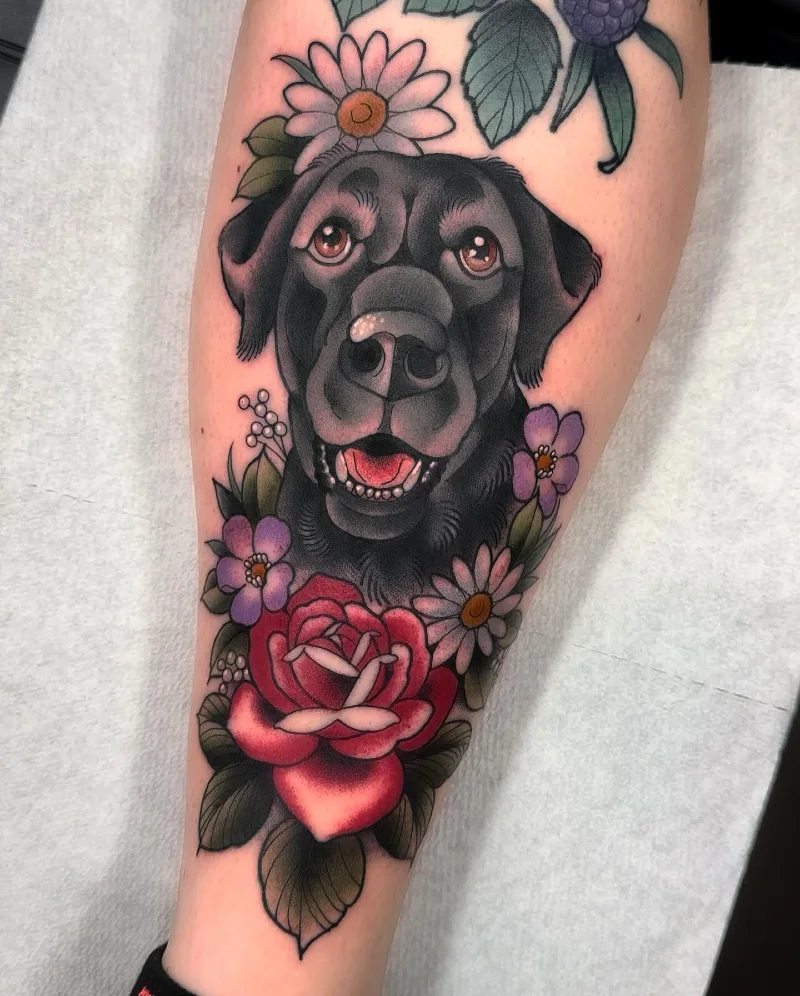 Neo-Traditional Black Labrador Color Portrait with Vibrant Floral Frame