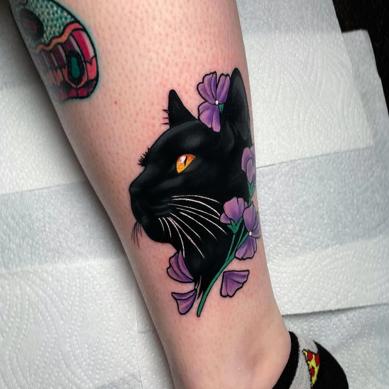 Neo-Traditional Velvet Feline Profile with Purple Violets