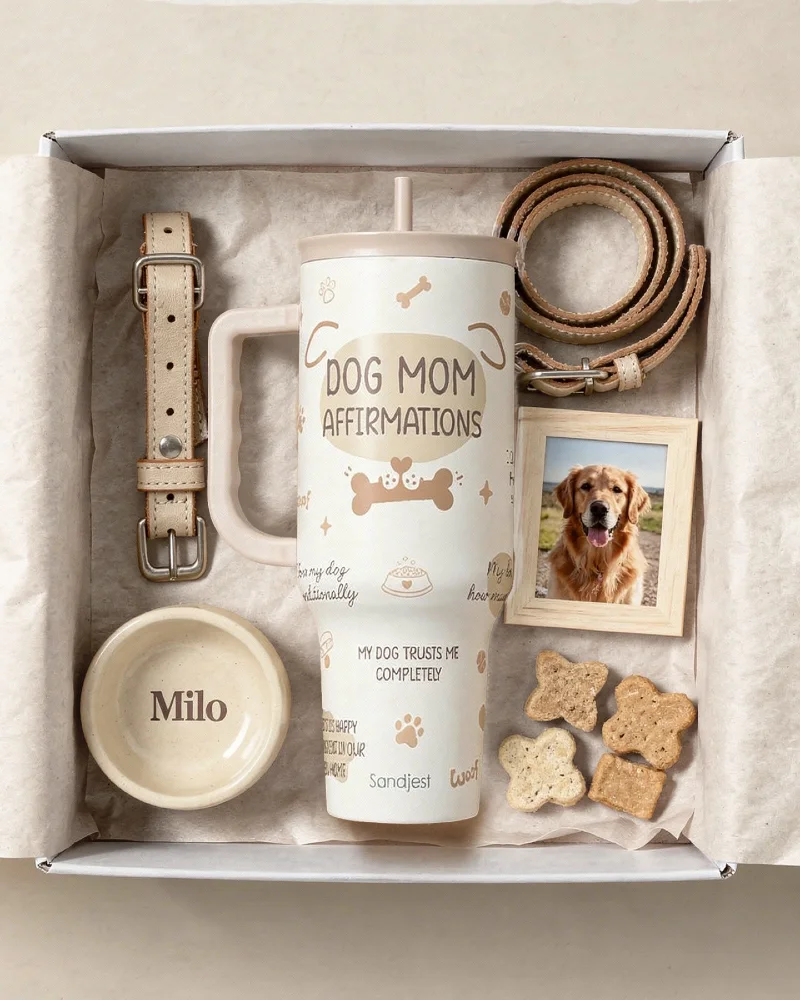 Neutral Toned Dog Mom Gift Box with Tumbler and Collar