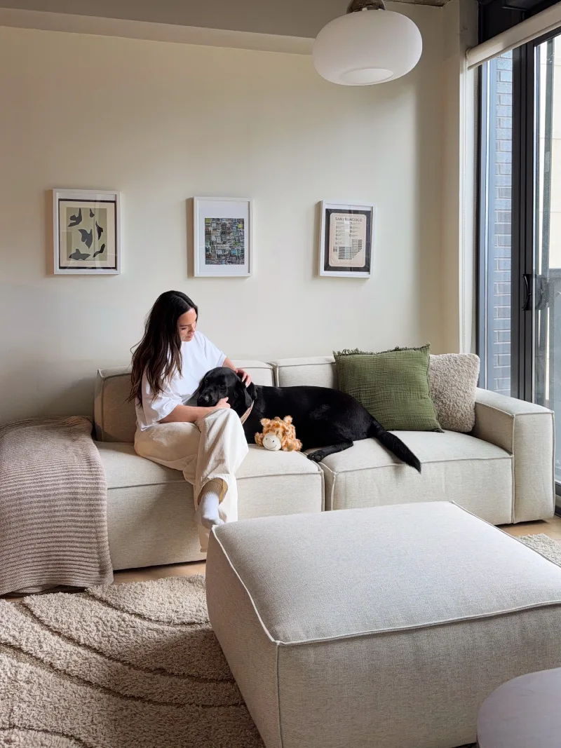 Off-White Modular Sofa with Woven Textured Rug and Large Square Ottoman