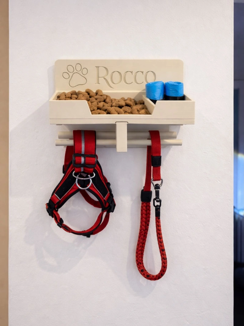 Off-White Wall Shelf with Integrated Treat Tray and Lower Hanging Rod